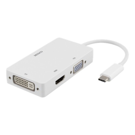 DELTACO USB-C till HDMI/DVI/VGA-adapter, 4K, DP Alt Mode, vit